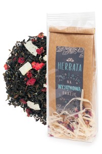 Delikatna czarna herbata liściasta Raffaello Malinowe 50g w opakowaniu