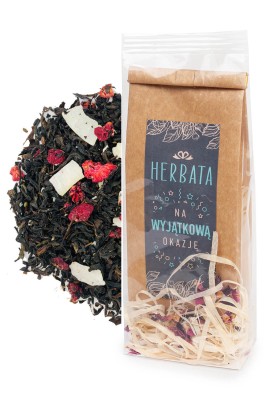 Delikatna czarna herbata liściasta Raffaello Malinowe 50g w opakowaniu