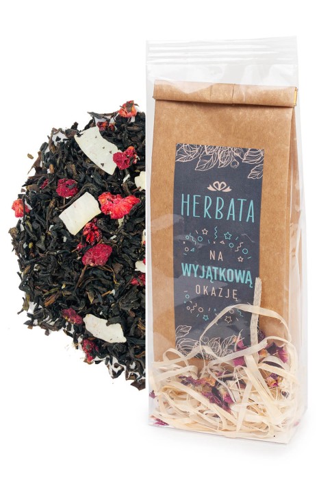 Delikatna czarna herbata liściasta Raffaello Malinowe 50g w opakowaniu