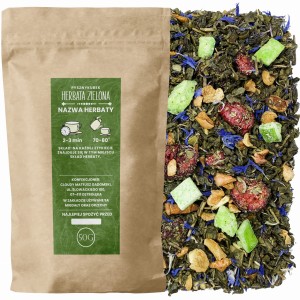 Ciasno zwinięte listki gunpowder z kandyzowanym pomelo skórką cytryny wiśnią i liśćmi mięty spearmint