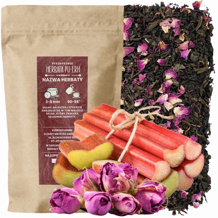 Mieszanka czerwonej herbaty Pu Erh z płatkami hibiskusa i suszonymi płatkami róż