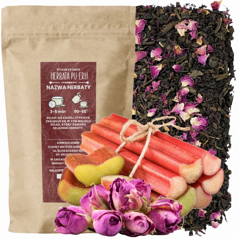 Mieszanka czerwonej herbaty Pu Erh z płatkami hibiskusa i suszonymi płatkami róż