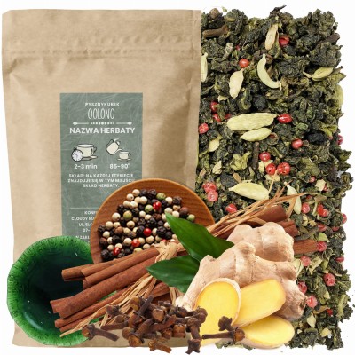 Rozgrzewająca korzenna herbata sypana Oolong Chai w eleganckim opakowaniu