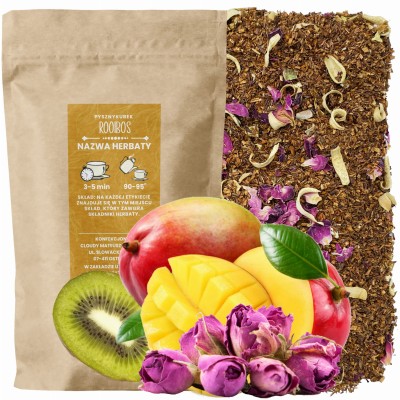 Egzotyczna herbata sypana Rooibos Mango kiwi i róża w eleganckim opakowaniu
