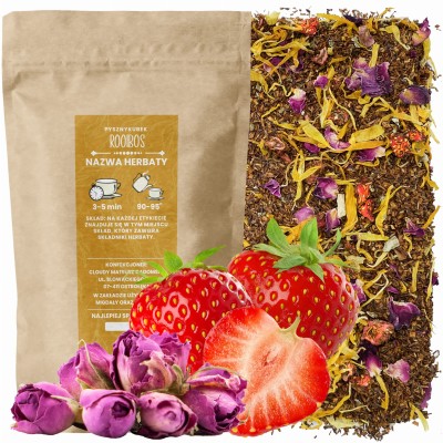 Romantyczna owocowa herbata Rooibos Truskawka z różą w eleganckim opakowaniu