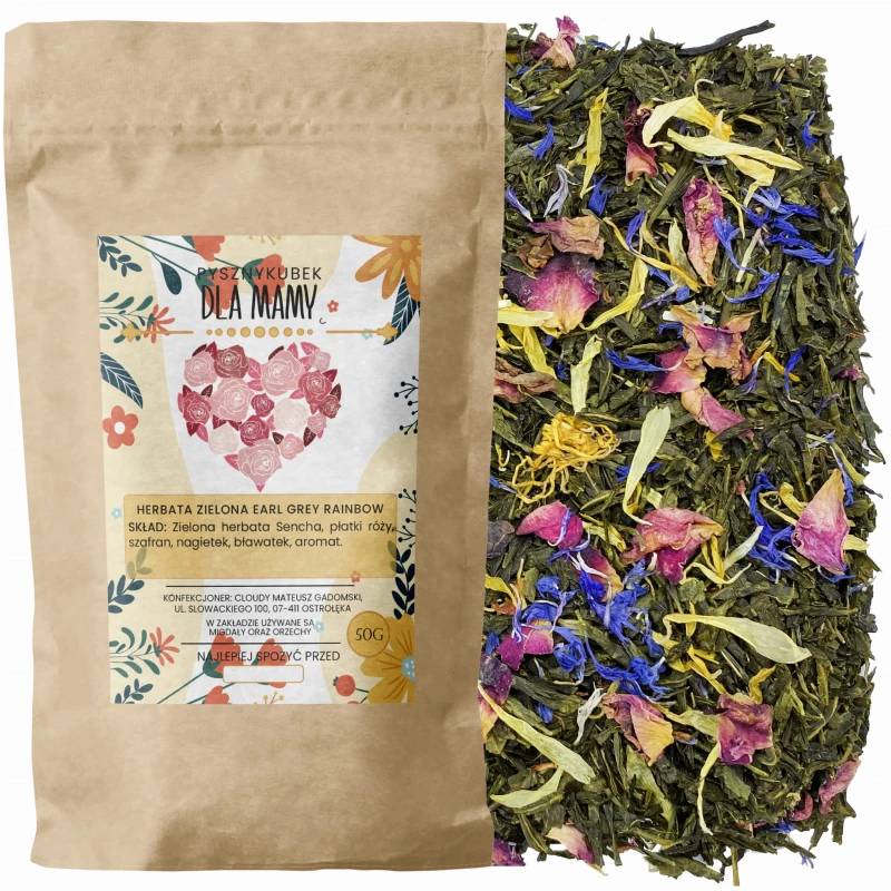 Aromatyczna zielona herbata liściasta Earl Grey Rainbow w opakowaniu