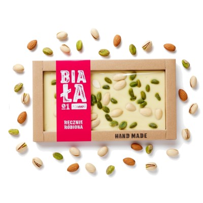 Ręcznie robiona biała czekolada z pistacjami i migdałami