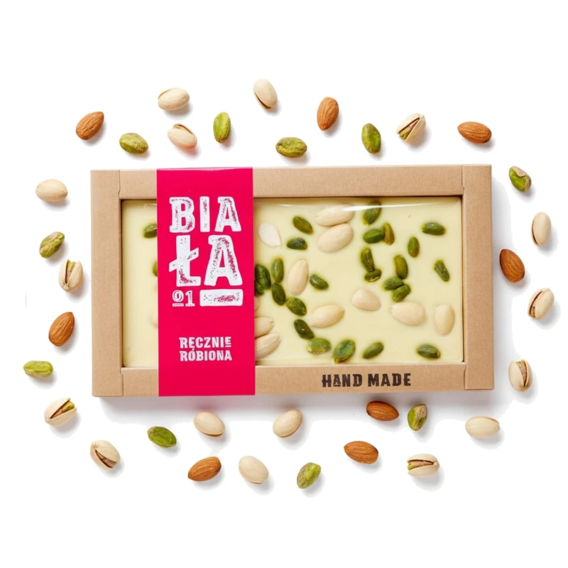 Ręcznie robiona biała czekolada z pistacjami i migdałami