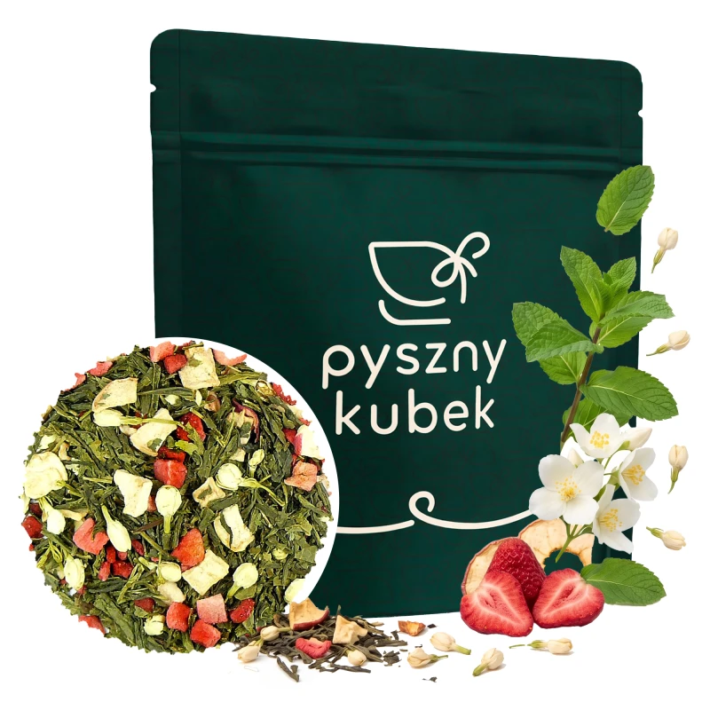Zielona herbata sencha z miętą i truskawką liofilizowaną