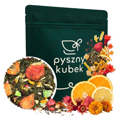 Orzeźwiająca zielona herbata sypana Pomarańcza z Pigwą w eleganckim opakowaniu