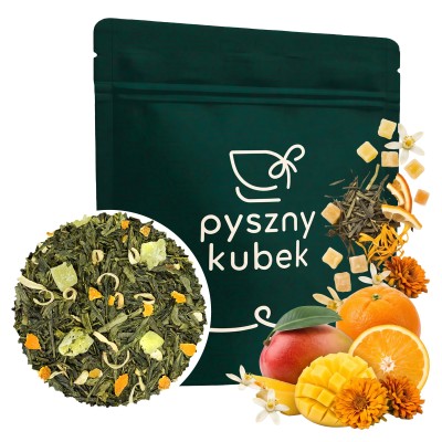 Egzotyczna zielona herbata sypana Mango z Pomarańczą w eleganckim opakowaniu