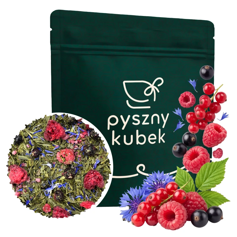 Owocowa zielona herbata sypana Porzeczka z Maliną w eleganckim opakowaniu