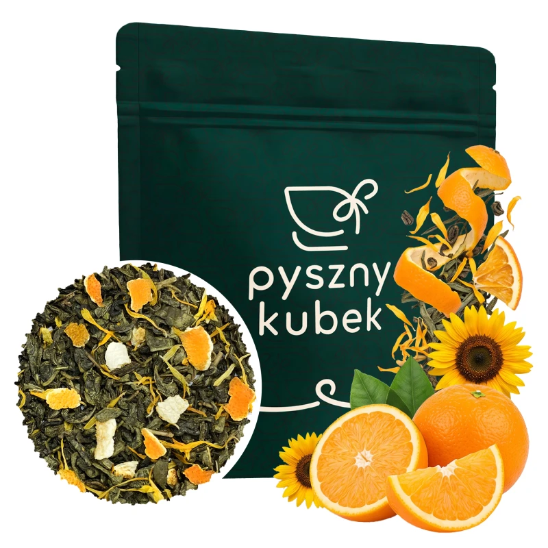 Orzeźwiająca cytrusowa zielona herbata sypana Pomarańcza z Pigwą w eleganckim opakowaniu