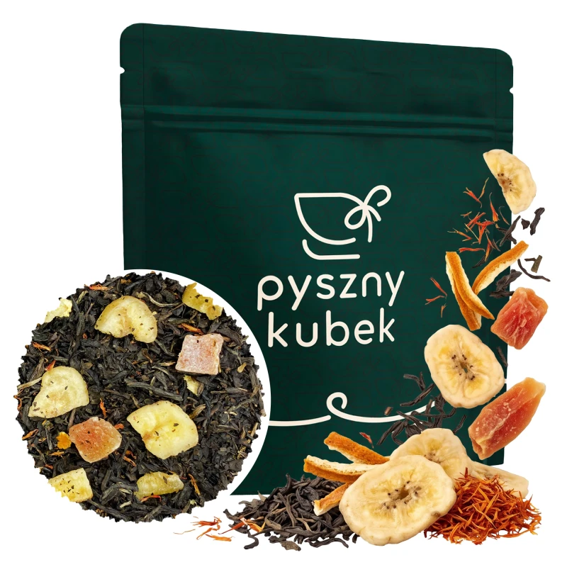 Egzotyczna czarna herbata liściasta Bananowa Wyspa w opakowaniu