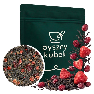 Owocowa czarna herbata liściasta Żurawina z Truskawką w eleganckim opakowaniu