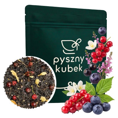 Owocowa czarna herbata liściasta Sok z Gumijagód w eleganckim opakowaniu