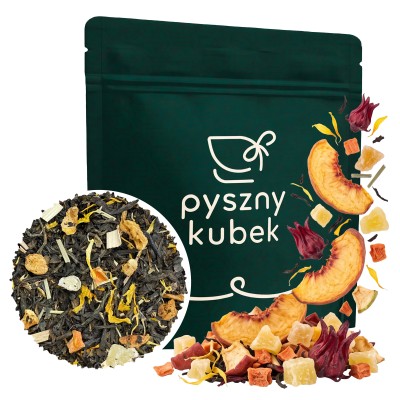 Owocowa czarna herbata liściasta Brzoskwiniowy Sad w eleganckim opakowaniu