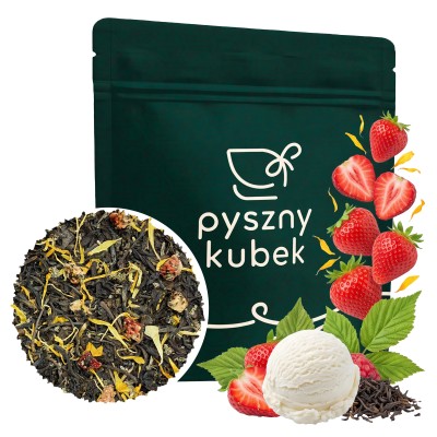 Deserowa czarna herbata sypana Truskawka w Śmietanie w eleganckim opakowaniu
