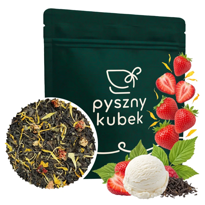 Deserowa czarna herbata sypana Truskawka w Śmietanie w eleganckim opakowaniu