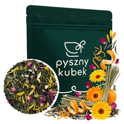 Mieszanka delikatnej białej herbaty z trawą cytrynową skórką pomarańczy i płatkami kwiatów
