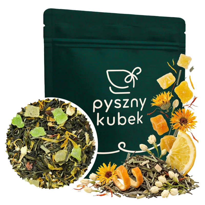 Cytrusowa biała herbata liściasta Słońce w pomarańczy Fujian White w opakowaniu