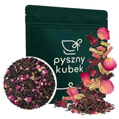 Mieszanka czerwonej herbaty Pu Erh z płatkami hibiskusa i suszonymi płatkami róż