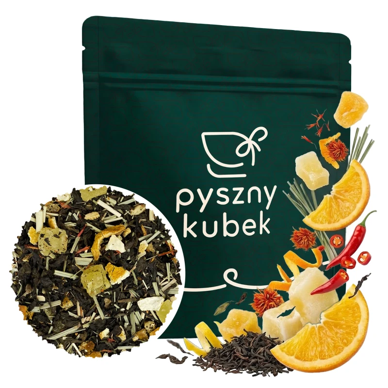 Nietuzinkowa czerwona herbata liściasta Chilli Melon i Pomarańcza w eleganckim opakowaniu