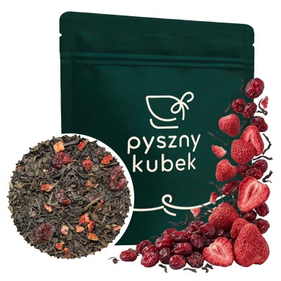 Owocowa herbata czerwona liściasta Żurawina z Truskawką Pu Erh w opakowaniu
