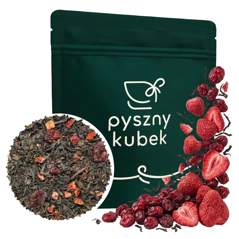Owocowa herbata czerwona liściasta Żurawina z Truskawką Pu Erh w opakowaniu
