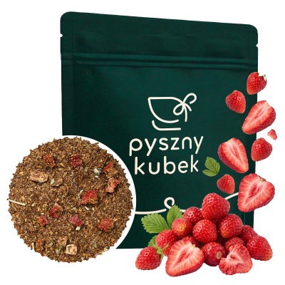 Delikatna mieszanka afrykańskiego rooibosa z kawałkami truskawek i liśćmi malin