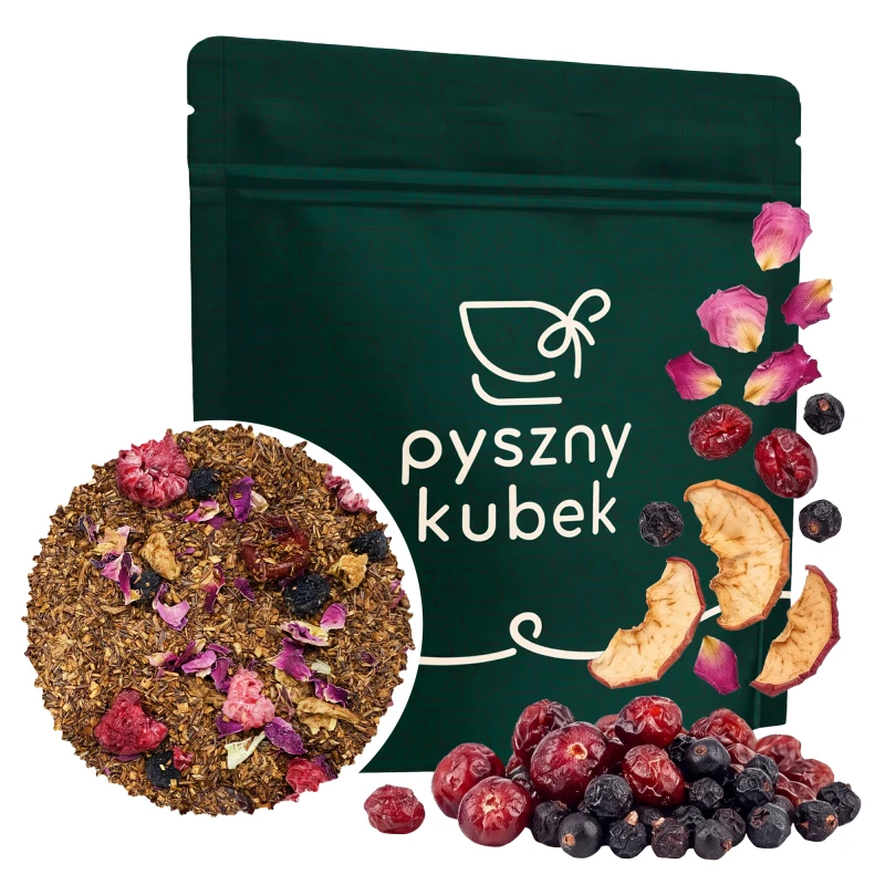 Orzeźwiająca owocowa herbata Rooibos Rajska dolina w opakowaniu