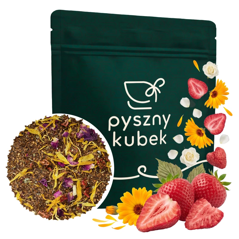 Romantyczna owocowa herbata Rooibos Truskawka z różą w eleganckim opakowaniu