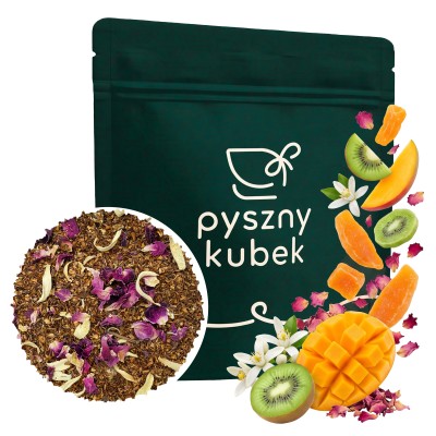 Egzotyczna herbata sypana Rooibos Mango kiwi i róża w eleganckim opakowaniu