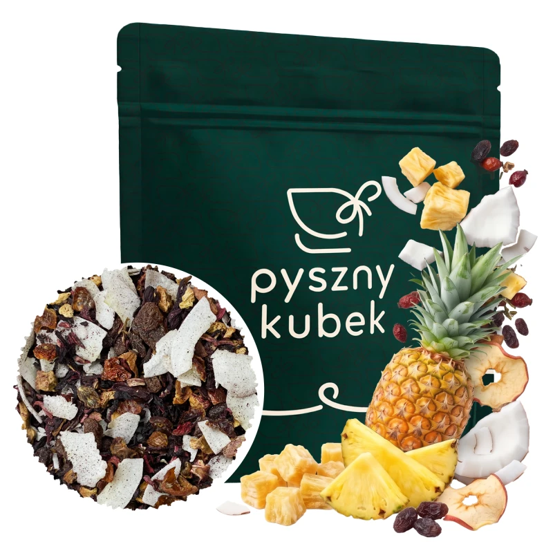 Egzotyczna owocowa herbata sypana Pinacolada w eleganckim opakowaniu